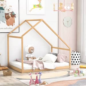 Natural Wood Full Size House Bed with Roof for Kids, Full Size Daybed Canopy Bed Platform Bed Frame with Four Posters