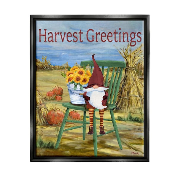 Stupell Industries Harvest Greetings Gnome by Paul Brent 1 Piece Floater Frame Graphic Print Nature Poster Art Print 31 in. x 25 in.