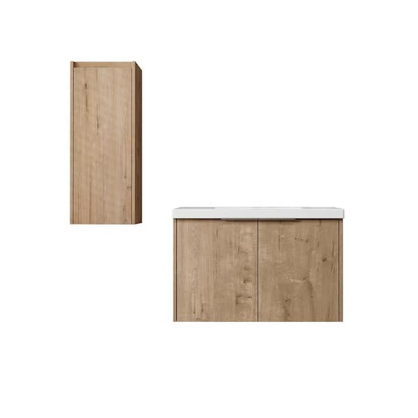 Combined 29.5 in. W X 18.1 in. D x 19.3 in. H Floating Bath Vanity in Imitative Oak with White Resin Vanity Top