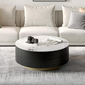33 in. White/Black Round Stone Top Coffee Table with Storage