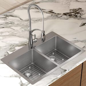 Crosstown Drop-In/Undermount Stainless Steel 33 in. 2-Hole Double Bowl Kitchen Sink with Bottom Grids and Drains