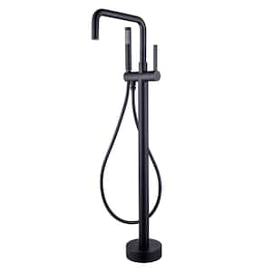 Singe-Handle High-Arc Swivel Spout Freestanding Floor Mount Tub Faucet with Hand Shower in Matte Black
