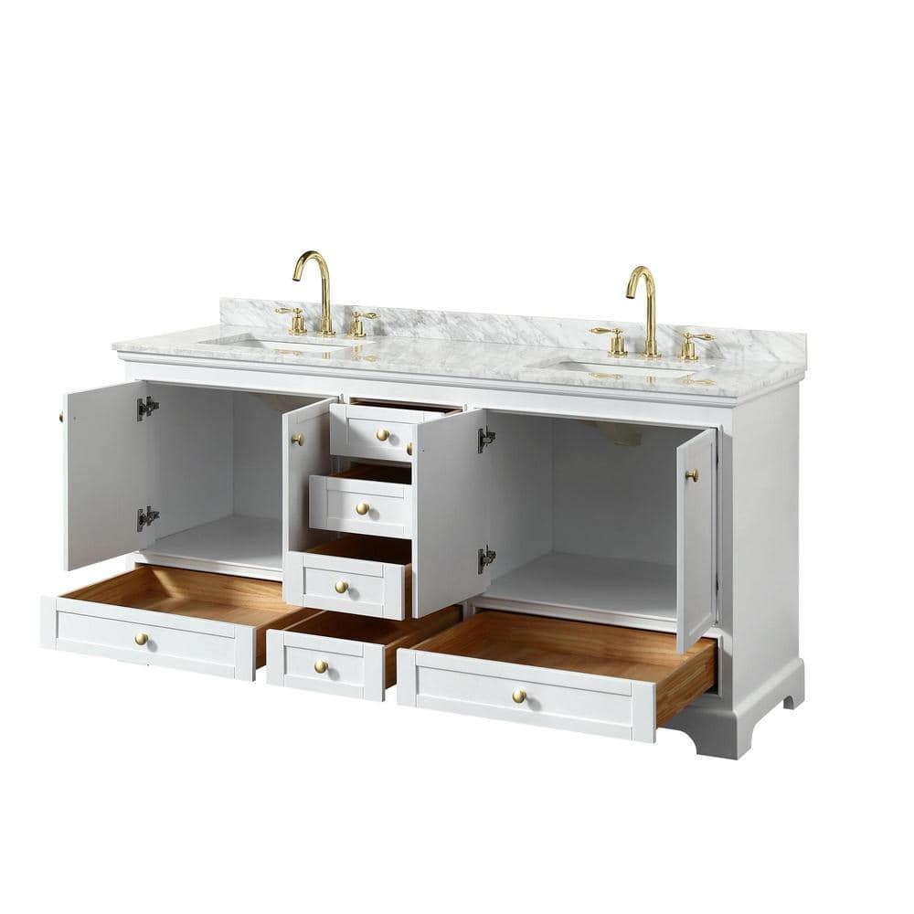 Deborah Classic White 72" Double Vanity with Carrara Marble Top and Gold Trim