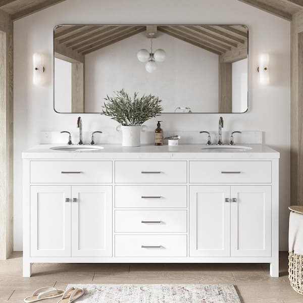 ARIEL Bristol 72.25 in. W x 22 in. D x 36 in. H Double Sink Freestanding Bath Vanity in White with Carrara White Quartz Top