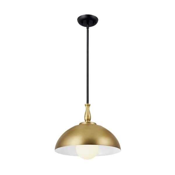 KICHLER Fira 14 in. 1-Light Natural Brass and Black Vintage Shaded Kitchen Dome Pendant Hanging Light with Metal Shade