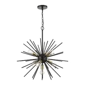 Tribeca 7-Light Shiny Black Chandelier with Polished Brass Accents and Iron Pipe Rods
