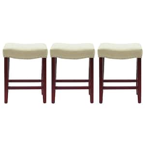Jameson 24 in. Counter Height Cherry Wood Finish Backless Nail Head Barstool with Beige Linen Saddle Seat (Set of 3)