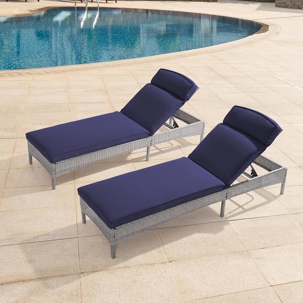 JOYESERY Wicker Outdoor Adjustable Height Chaise Recliner Chair with Navy Blue Cushions ( 2-Piece)