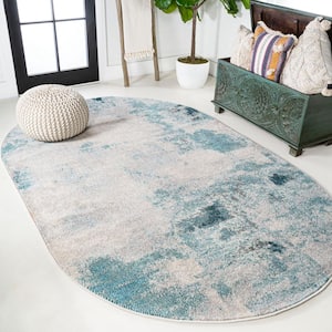 Contemporary Pop Modern Cream/Blue 3 ft. x 5 ft. Abstract Vintage Oval Area Rug