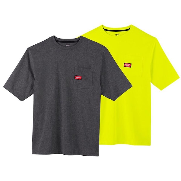 Milwaukee Men's 2X-Large Gray and High Visibility Heavy-Duty Cotton/Polyester Short-Sleeve Pocket T-Shirt (2-Pack)