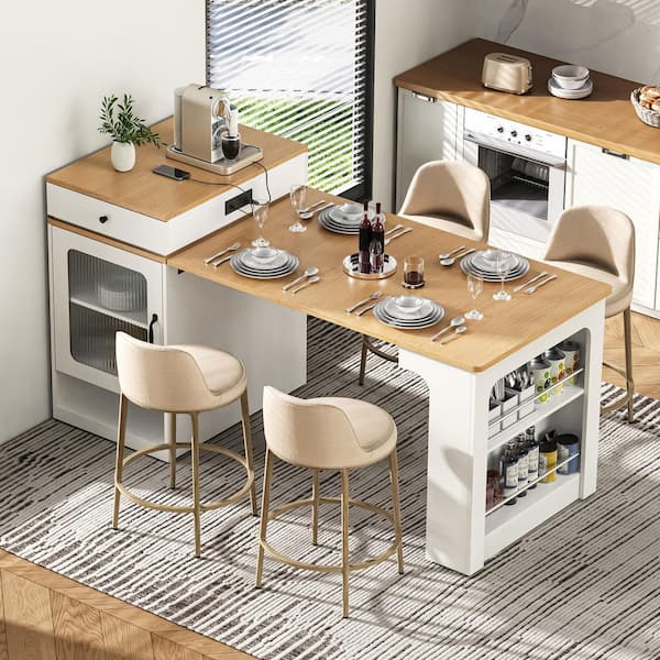Lirago Farmhouse White Wood Top 59.5 in. Kitchen Island Cart with
