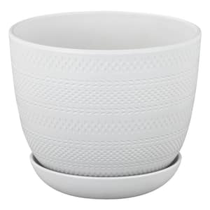 Brighton Medium White Plastic Round Planter with Drainage Holes and Attached Saucer (8 in. L x 8 in. W x 7 in. H)