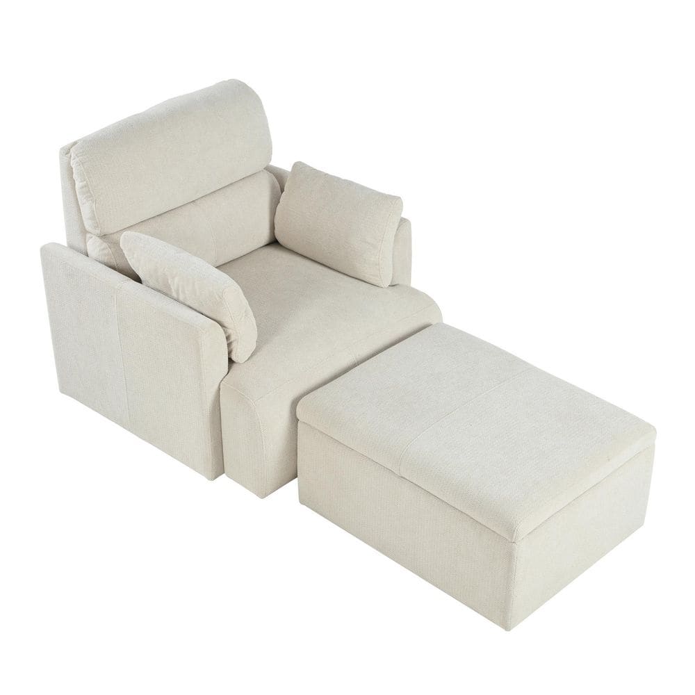 Harold Modern Beige Upholstered Fabric Oversized Accent Arm Chair with Storage Ottoman