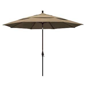 11 ft. Bronze Aluminum Market Patio Umbrella with Crank Lift in Heather Beige Sunbrella