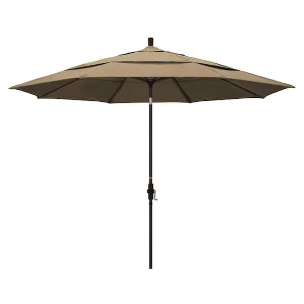California Umbrella 11 ft. Bronze Aluminum Market Patio Umbrella with Crank Lift in Heather Beige Sunbrella