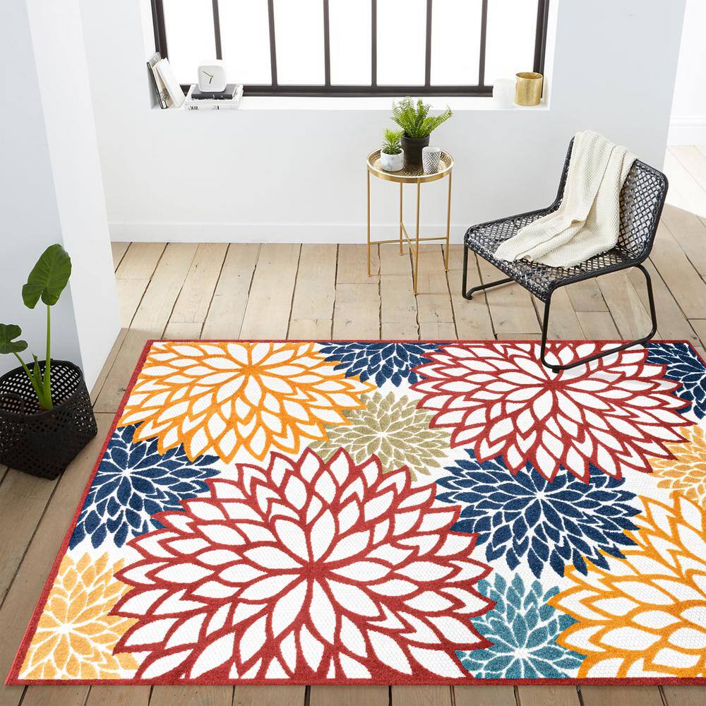 Minori Cream Red Blue Floral Synthetic Indoor Outdoor Rug