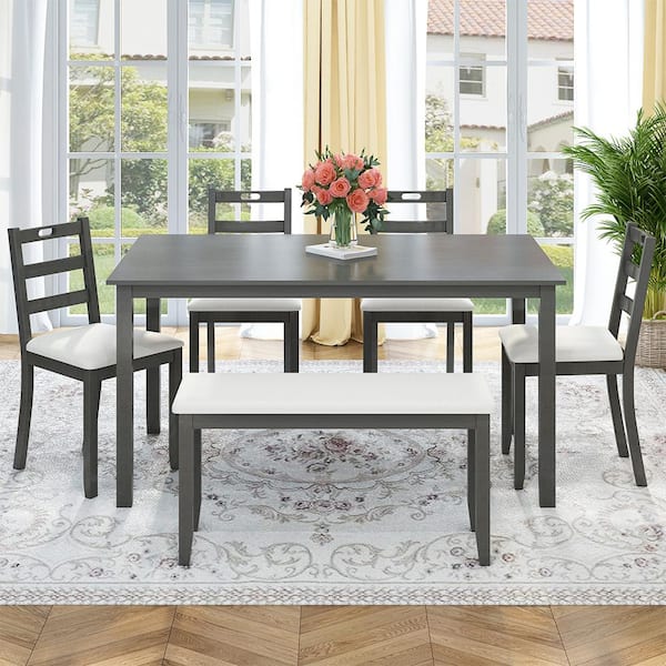YOFE 6-Piece Rectangular Farmhouse Gray MDF Wood Top Dining Table Set with 4 Upholstered Chairs and Bench(Seats 6)