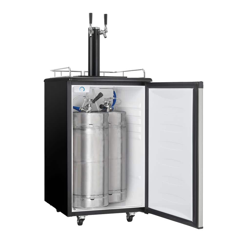 Spotless Steel and Black Dual Tap Freestanding Beverage Dispenser