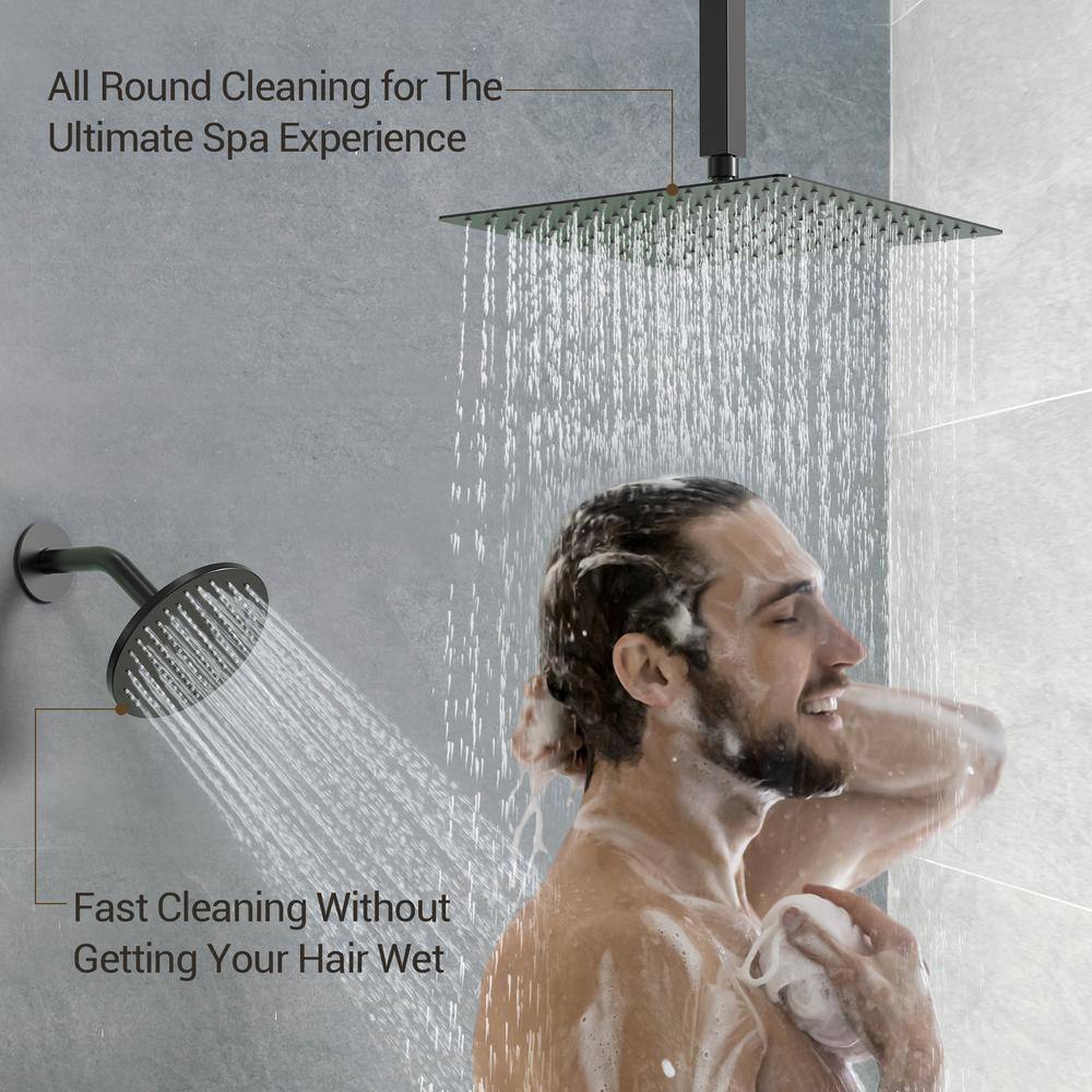 Matte Black Large Square Brass Ceiling Mounted Shower System