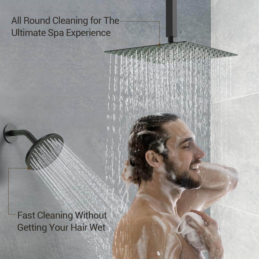 Matte Black Large Square Brass Ceiling Mounted Shower System