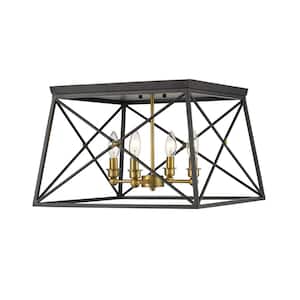 Trestle 18 in. 4-Light Matte Black and Olde Brass Flush Mount Light with No Bulbs Included