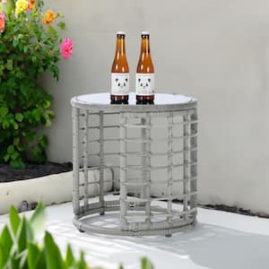 Patio Wicker Side Table, Gray Rattan Round Glass Top Wicker Coffee Table Storage Table