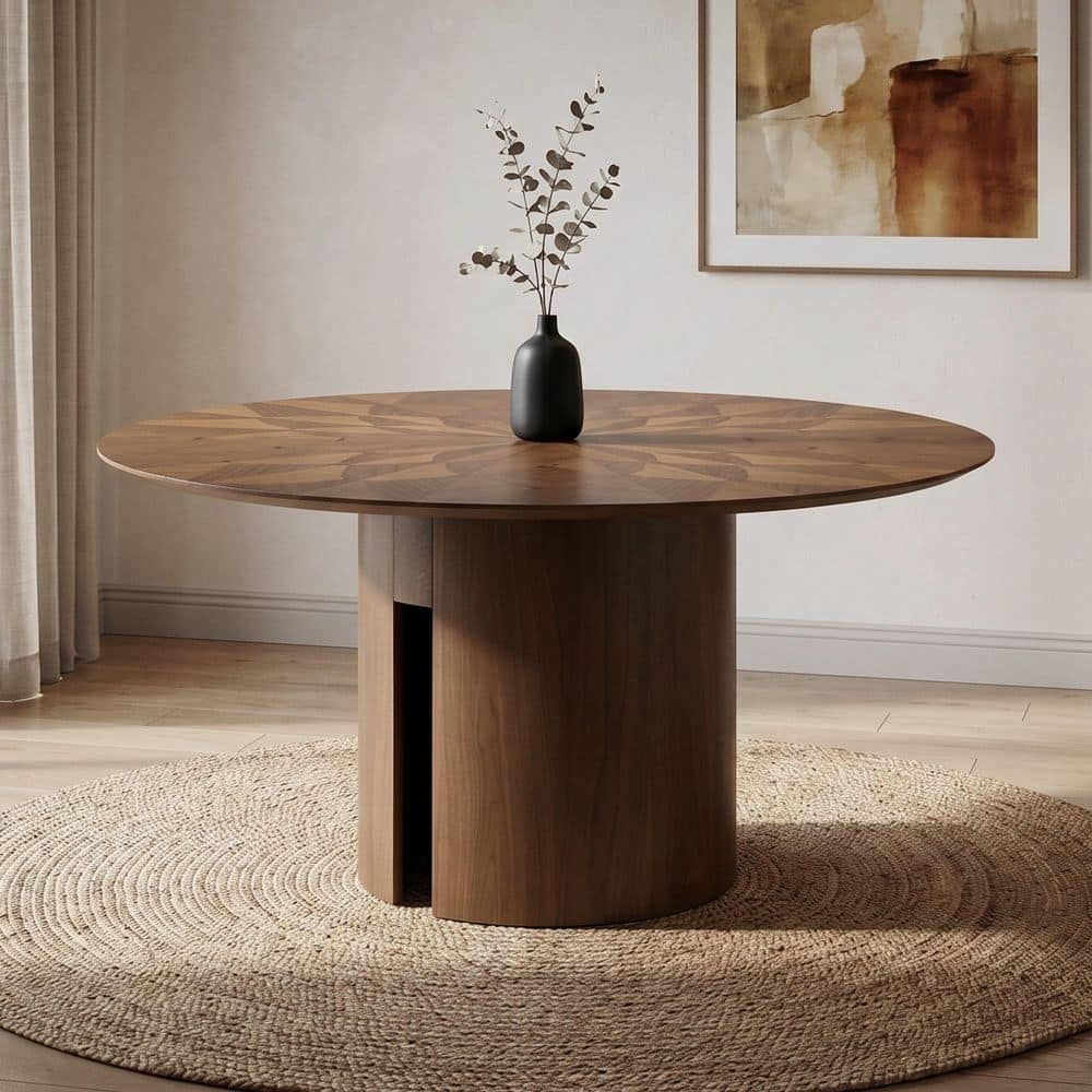 Mullen Mid-Century Modern Walnut Wood 59.1 in. Pedestal Base Round Dining Table (Seats 6)