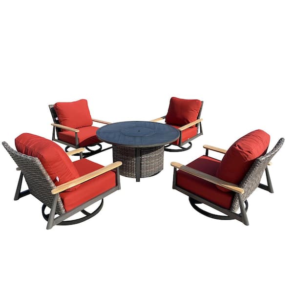 Manbo 5-Piece Aluminum Wicker Outdoor Patio Fire Pit Deep Seating Set with Sunbrella Canvas Terracotta Cushions