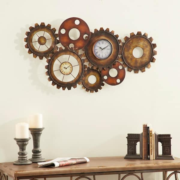34 in. x 17 in. Brown Metal Gear Wall Clock