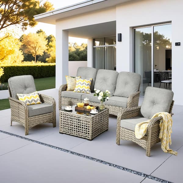 XIZZI Vera 4-Piece Wicker Patio Conversation Seating Sofa Set with Dark Gray Cushions and a Led Table