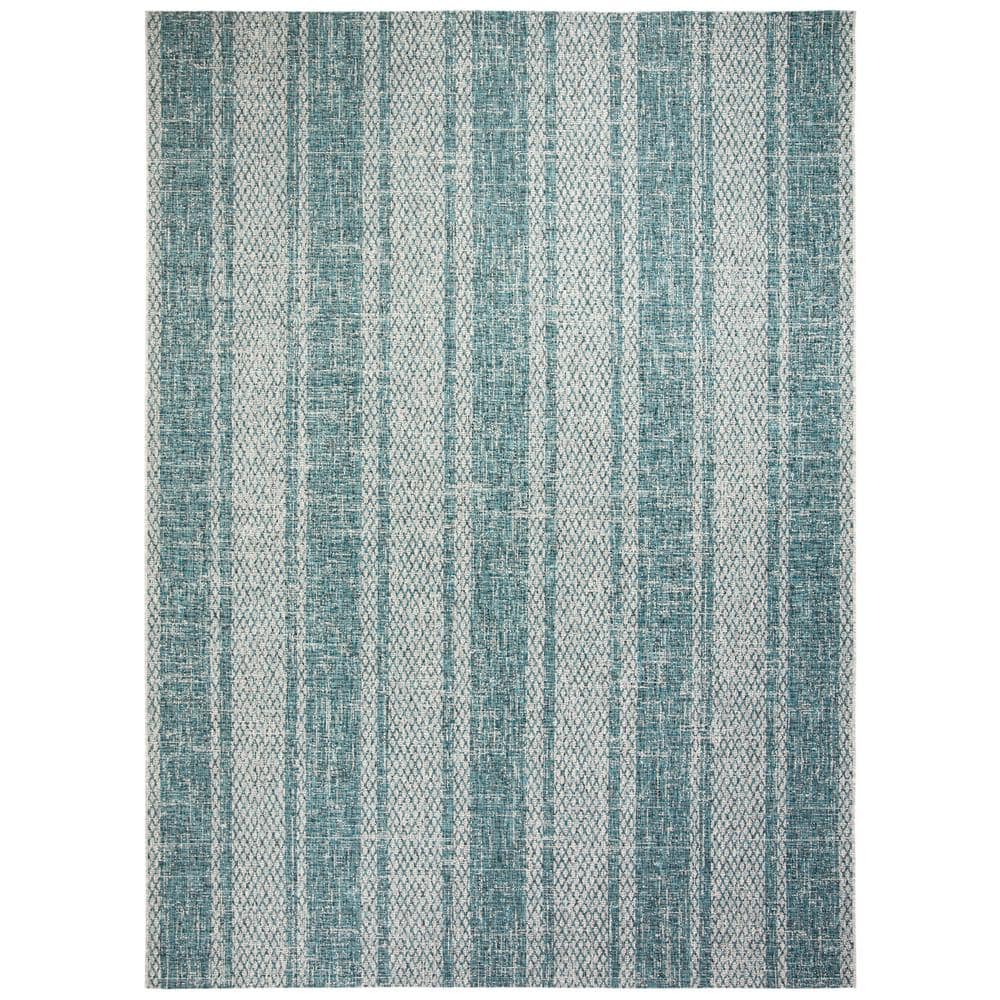 Light Gray and Teal Striped Outdoor Area Rug