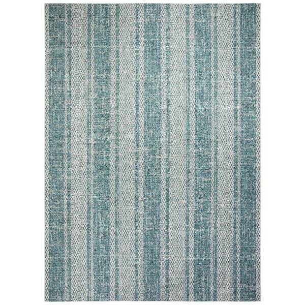 Courtyard Light Gray/Teal 8 ft. x 11 ft. Geometric Indoor/Outdoor Patio Area Rug
