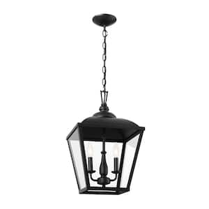 Dame 2-Light Textured Black Vintage Lantern Foyer Pendant Hanging Light with Clear Glass