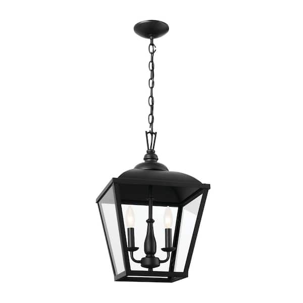 KICHLER Dame 2-Light Textured Black Vintage Lantern Foyer Pendant Hanging Light with Clear Glass