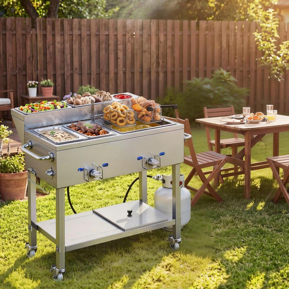 Outdoor Propane Deep Fryer, 2-Burners (11,600 BTU Each), Commercial Fryer with Two 1/3 Size Food Warming Pans for Fries