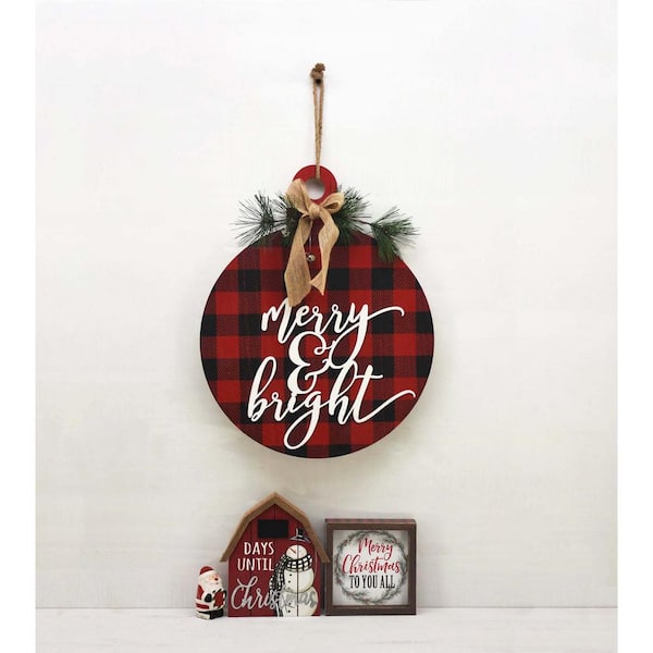 PARISLOFT 18.75 in. Red and Black Wood Christmas Merry and Bright Buffalo  Check Wall Ornament with Jute Hanger SG2194 - The Home Depot