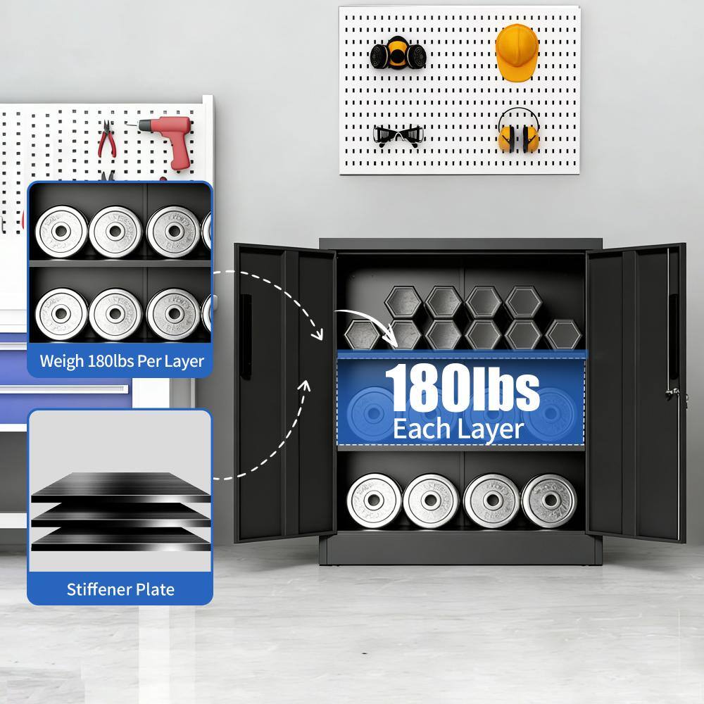 Infographic showing the weight capacity and construction of a black metal cabinet.