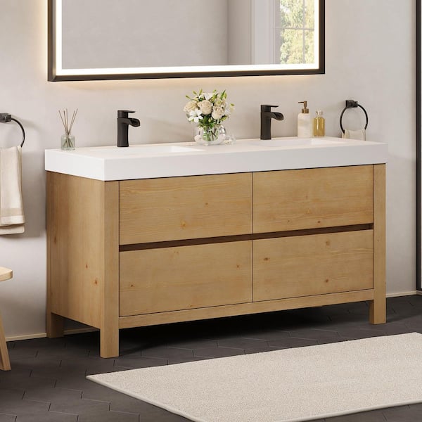 Cascadia 60 in. Double Freestanding Weathered Fir Bath Vanity with White Artificial Stone Top Assembled