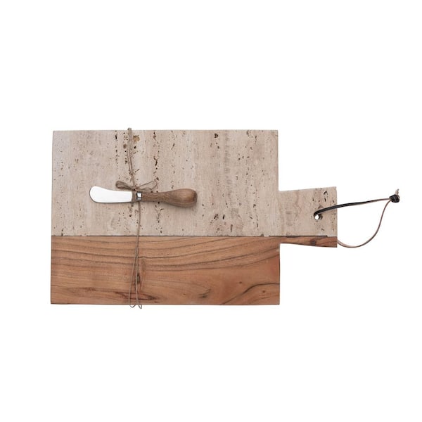 Storied Home 15 in. Stone and Acacia Wood Cheese Board with Leather Tie and Canape Knife, Natural