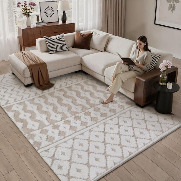 Wave 6 ft. x 9 ft. Beige Striped Washable Microfleece Area Rug