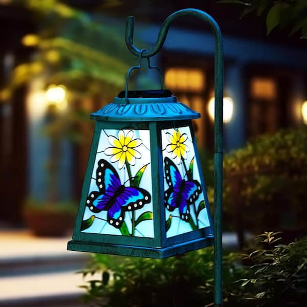 5 in. x 7 in. Green Metal Butterfly Solar Lantern Garden Statue