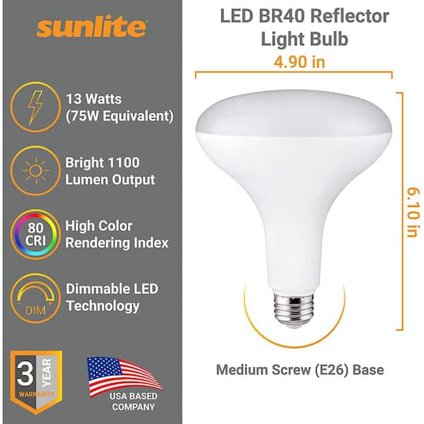 75W Replacement Frosted Reflector Light Bulbs with Medium E26 Base Sunlite BR40/LED/13W/DIM/ES/40K/6PK 4000K Cool White LED BR40 13W 6 Pack BR40/LED/14W/DIM/ES/40K/6PK 