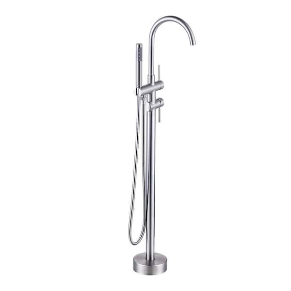 ARCORA Double Handle Floor Mounted Freestanding Tub Faucet with Handheld Shower in Brushed Nickel
