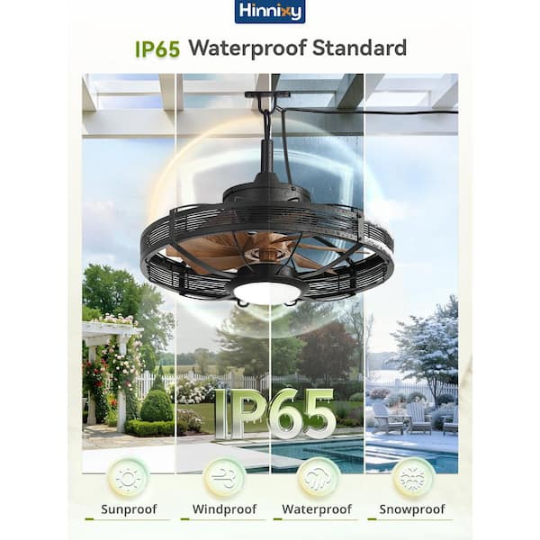 20 in. Outdoor Black Brown Waterproof 6-Speed 0-100% Dimming Smart Clip Mount Caged Ceiling Fan with Lights, Remote, APP