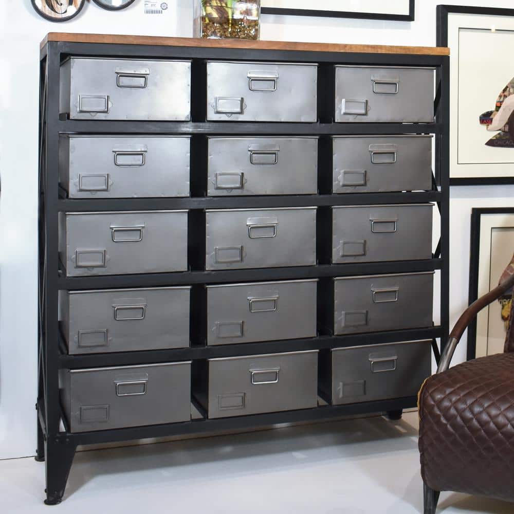 Gray Metal and Mango Wood Office Storage Cabinet with Bins