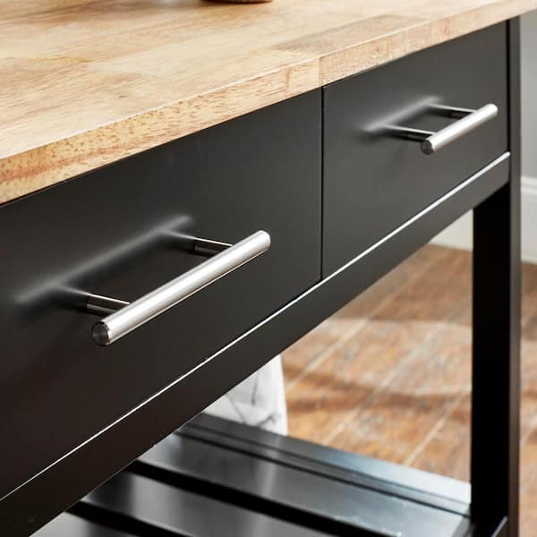 Glenville Black Rolling Kitchen Cart with Butcher Block Top, Double-Drawer Storage, and Open Shelves (36" W)