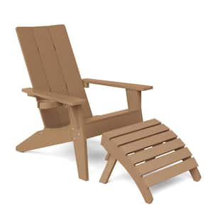 Oversize Modern Teak Plastic Outdoor Patio Adirondack Chair with Folding Ottoman