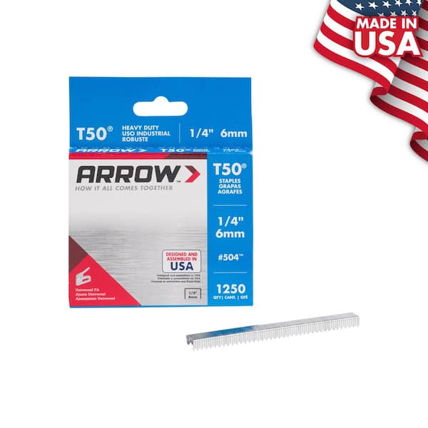 Arrow T50 1/4 in. Leg x 3/8 in. 504 Galvanized, Medium Crown, Divergent Point, 20-Gauge, Heavy-Duty Steel Staples (1,250-Pack)