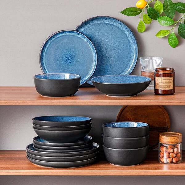 vancasso 16-Piece Blue and Black Stoneware Dinnerware Set Service