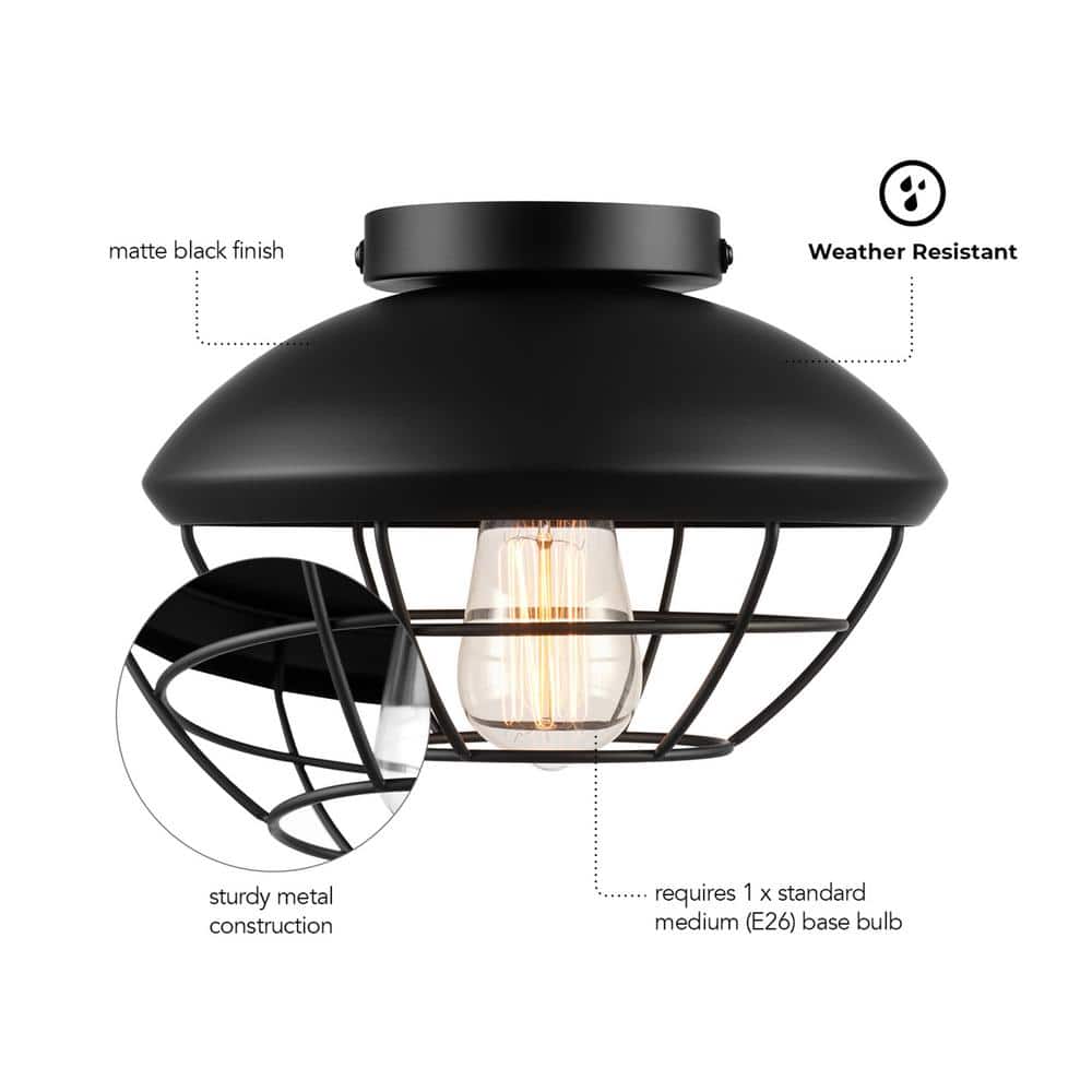 Matte Black Metal Cage Flush Mount Outdoor Ceiling Light